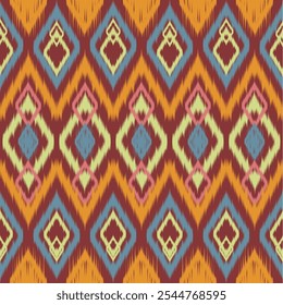 This image showcases a seamless ikat pattern featuring diamond shapes in a vibrant color palette of red, orange, and blue.