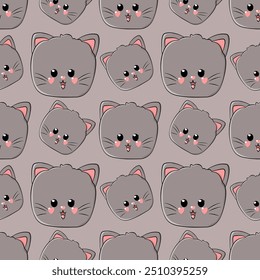 This image showcases a seamless pattern featuring adorable, round-faced gray cat heads with expressive eyes and small pink accents on the cheeks and ears.