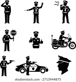 Esta Imagen muestra una serie de ilustraciones de siluetas en blanco y negro que representan a agentes de policía en varias poses y roles. Desde dirigir el tráfico hasta patrullar en motocicleta, las Imágenes