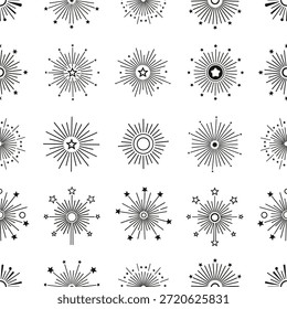 Esta imagem mostra uma série de símbolos de inspiração celeste em preto-e-branco com linhas radiantes e acentos de estrelas, ideais para uso em design criativo, branding ou materiais educacionais envolvendo