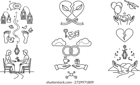 Esta Imagen muestra una serie de ilustraciones de arte lineal centradas en torno a los temas del amor, el matrimonio y las relaciones. Las ilustraciones son minimalistas y elegantes, con varios símbolos y motivos asociados con estos temas, incluyendo corazones, anillos y parejas. La obra de arte es simple pero evocadora, transmitiendo una sensación de romance y unión.