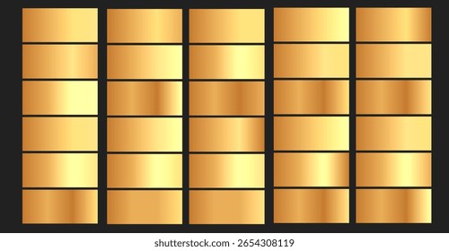 This image showcases a series of shimmering gold gradient panels arranged in a structured grid pattern against a dark background, creating a luxurious, metallic design aesthetic