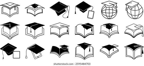 This image showcases a series of simple yet expressive black and white illustrations.  Each depicts a graduation cap in various positions open books, globes