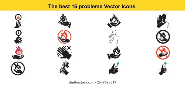 
This image showcases a set of 16 black and white vector icons. The icons feature hands interacting with elements like flames, magnifying glasses, and stop signs, representing warnings and actions.
