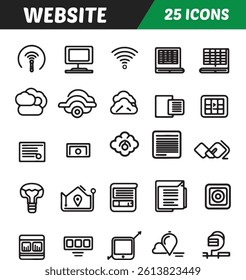 This image showcases a set of 25 simple, black line icons, perfect for website design or user interface elements.