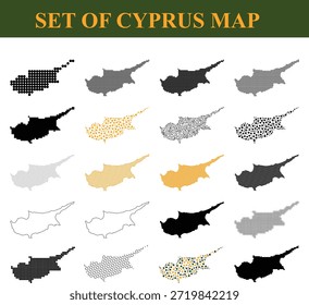 Esta Imagen muestra un conjunto de mapas de Chipre bellamente diseñados con una variedad de estilos artísticos que incluyen patrones de lunares, Formas sólidas y contornos en diferentes colores, como negro, naranja y gris. Cada representación destaca la geografía única de la isla al tiempo que incorpora distintas técnicas de diseño, como los efectos de rayas y puntos matriciales, lo que la convierte en un recurso gráfico versátil para proyectos educativos o creativos. Los mapas presentan una atractiva  visual de Chipre que puede servir para diversas aplicaciones en Diseño gráfico y medios digitales que ilustran cómo se puede representar creativamente esta importante isla mediterránea. Adecuado para usuarios que buscan incorporar representaciones artísticas de ubicaciones geográficas, estos mapas expresan la belleza y complejidad de Chipre a través de sus diversos estilos y diseños innovadores. El fondo es transparente, lo que permite integrarse fácilmente en varios diseños que proporcionan flexibilidad para diseñadores y artistas en su trabajo