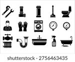 This image showcases a set of black silhouettes representing plumbing tools, bathroom fixtures, and appliances. The transparent background makes it valuable for designers integrating these elements into various projects. high-quality professional detailed modern elegant stylish clean crisp vibrant colorful digital