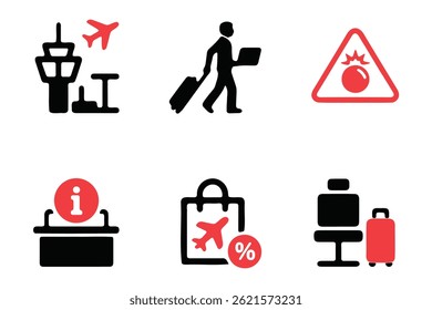 Esta Imagen muestra un conjunto de íconos negros y rojos que representan varios aspectos de las operaciones aeroportuarias y los viajes.