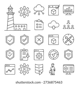 This image showcases a set of black and white linear icons representing diverse themes such as data, networking, security, building infrastructure, and essential operational symbols. high-quality professional