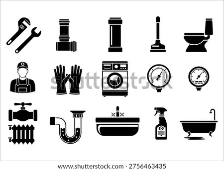 This image showcases a set of black silhouettes representing plumbing tools, bathroom fixtures, and appliances. The transparent background makes it valuable for designers integrating these elements into various projects. high-quality professional detailed modern elegant stylish clean crisp vibrant colorful digital