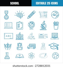 Esta imagem mostra um conjunto de ícones de linha azul representando várias disciplinas escolares e conceitos educacionais. Estes ícones incluem livros, globos, béquer e tecnologia, simbolizando a aprendizagem.