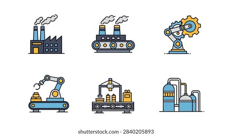 This image showcases a set of colorful, flat-design icons representing various aspects of industrial production. The icons depict factories, automated machinery, and production processes. The