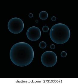 Dieses Bild zeigt eine Reihe von dunklen Teeblasen, variiert in der Größe, mit einem wertvollen transparenten Hintergrund ideal für Designer.