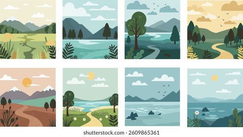 This image showcases a set of eight distinct and stylized landscape illustrations, each capturing a different aspect of the natural world. The collection includes scenes featuring majestic mountains