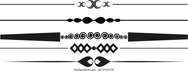 This image showcases a set of five unique horizontal dividers featuring circles, spirals, diamonds, and other geometric shapes in black.