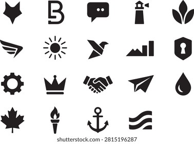 This image showcases a set of flat black icons on a white background representing diverse concepts such as communication security nature and travel.