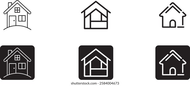 This image showcases a set of four house icons in a minimalist black and white style.