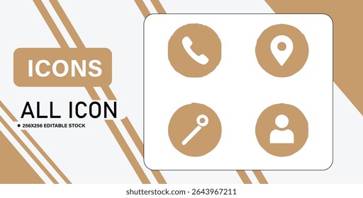This image showcases a set of four simple, brown-colored icons representing phone, location, time, and user, set against a white background.