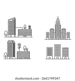This image showcases a set of four distinct architectural illustrations, each depicting various styles of modern buildings. The de