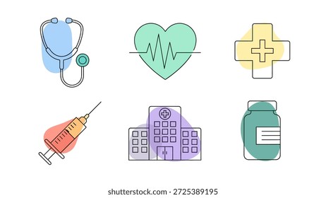 Esta imagem mostra um conjunto de ícones médicos renderizados em um estilo simples e contornado com detalhes em aquarela. A ilustração inclui um estetoscópio, batimento cardíaco, cruz médica, seringa, edifício do hospital e um frasco de pílula. A composição aparece em um fundo branco limpo, adequado para uma série de usos informativos ou promocionais.