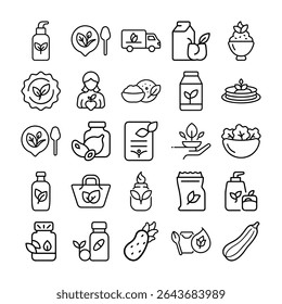 This image showcases a set of minimalist line icons representing organic food, natural products, and related concepts in a clean, black and white style.