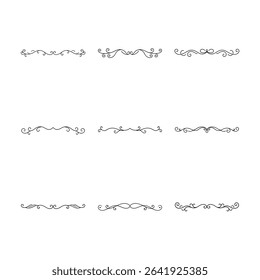 This image showcases a set of nine distinct black line dividers with delicate swirls and flourishes on a white background.