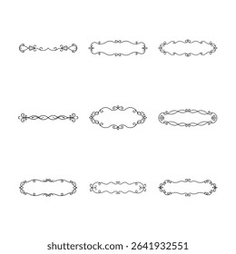 This image showcases a set of nine elegant black swirl frames and dividers on a clean white background, offering versatile design elements.