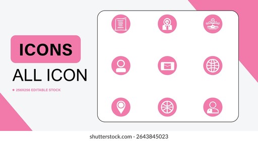 This image showcases a set of nine white icons on pink circles, representing various concepts for user interfaces and applications.