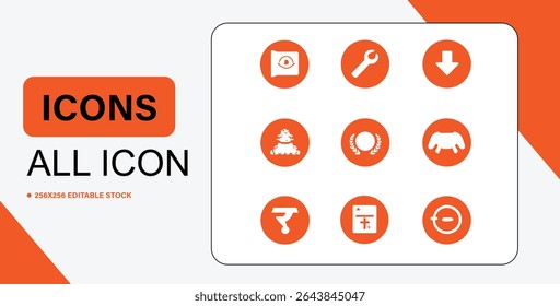 This image showcases a set of nine distinct vector icons in orange and white, suitable for various design projects.