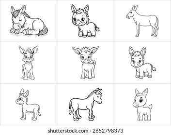 Esta imagem mostra um conjunto de nove encantadoras ilustrações de burro, perfeitas para colorir páginas, inspiração de design ou materiais educativos. Cada burro tem características distintas.