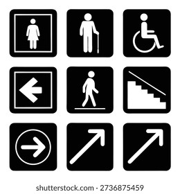 This image showcases a set of nine square, black-and-white icons representing various public facility indications and directional cues, focusing on accessibility and guidance. high-quality professional detailed modern