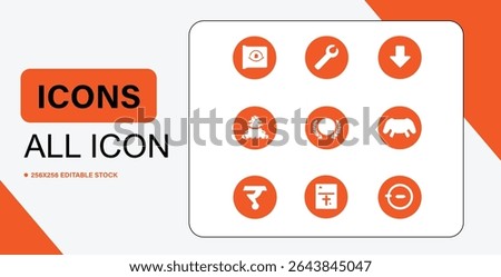 This image showcases a set of nine distinct vector icons in orange and white, suitable for various design projects.