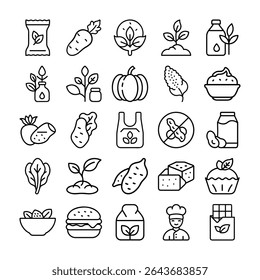 This image showcases a set of outline icons depicting various organic foods, gardening elements, and related concepts against a clean white backdrop.