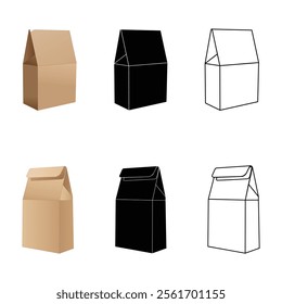 This image showcases a set of six milk carton packaging designs, presented in two rows. The top row features a realistic brown paper carton, a black silhouette of the carton, 