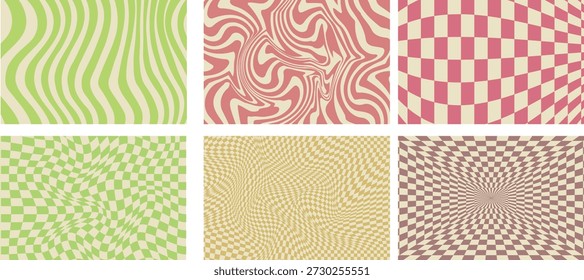 Esta Imagen muestra un conjunto de seis fondos de Vector abstractos diversos que presentan fuertes influencias estéticas de la década de 1970. La colección incluye Formas líquidas arremolinadas y varias rejillas de tablero de ajedrez distorsionadas en paletas de colores apagadas pero vibrantes como verde lima, rosa polvoriento y tonos dorados. Estos patrones repetitivos crean ilusiones ópticas convincentes adecuadas para el Fondo de pantalla digital, el papel de envolver o los proyectos de Diseño gráfico llamativos que buscan una sensación groovy y retro. La variedad visual ofrece excelentes opciones para los diseñadores que necesitan texturas abstractas audaces y dinámicas que enfaticen el movimiento y el estilo vintage.