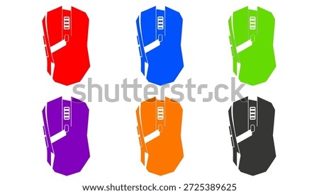 This image showcases a set of six computer mice in various vivid colors. Each mouse features a sleek, modern design with buttons and scroll wheel visible. The composition is clean with a white background emphasizing the devices. These isolated images are suitable for illustrating technology and digital device concepts in commercial projects.