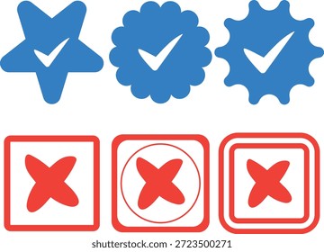 Esta imagem mostra um conjunto de símbolos, apresentando marcas de seleção azuis nas formas de estrela, nuvem e engrenagem, ao lado de marcas de x vermelhas em contornos quadrados. O estilo de silhueta distintivo adiciona um elemento visual impressionante. profissional de alta qualidade moderno elegante elegante elegante limpo nítido