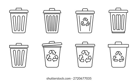 Esta Imagen muestra un conjunto de íconos de papelera, notables por su estilo de silueta distintivo.