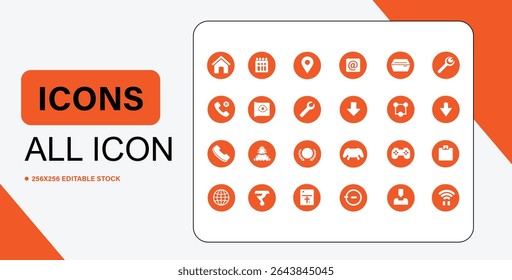 This image showcases a set of twenty-one distinct vector icons, each rendered in a vibrant orange circle with white symbols.