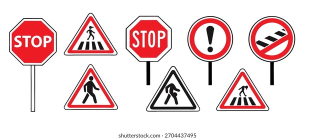 This image showcases a set of various road traffic signs, including stop signs, pedestrian crossing signs, and a no pedestrian crossing sign.