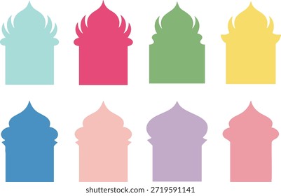 This image showcases a set of vibrantly colored architectural arches, reminiscent of islamic design elements. The arches are stylized and arranged neatly, offering a visually appealing composition. high-quality professional detailed