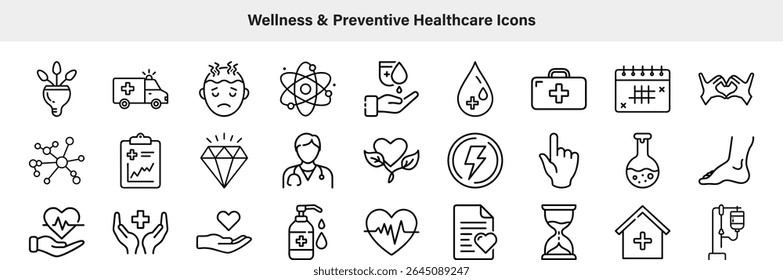 Esta Imagen muestra un conjunto de íconos de salud preventiva y bienestar, elaborados en el arte de líneas de Vector, que incluyen símbolos médicos, científicos y de vida saludable.