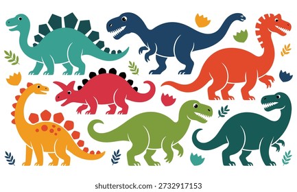 Esta imagem mostra vários dinossauros animados alegremente coloridos, incluindo um tricerátopo, tiranossauro rex e estegossauro, cercados por folhagem tropical estilizada. profissional de alta qualidade detalhado moderno elegante elegante e limpo crocante