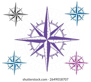 This image showcases several compass rose designs in black, purple, blue, and pink, set against a clean white backdrop.