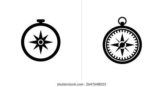 This image showcases a side-by-side comparison of two distinct compass icons, depicted in simple black and white. Each icon offers a unique style and level of detail.