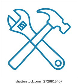This image showcases a simple, blue line-style illustration featuring a wrench and a hammer crossed over each other, symbolizing repair work and tool usage. high-quality professional detailed modern elegant stylish