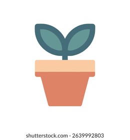 This image showcases a simple, flat illustration of a small plant with two rounded leaves in a peach-colored pot, set against a clean white backdrop.