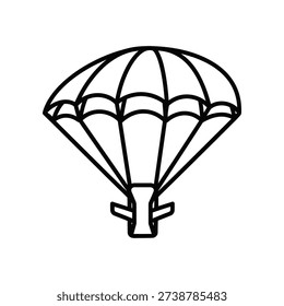 This image showcases a simple line drawing of a parachute, featuring its canopy with segmented panels and suspension lines connecting to a harness. The parachute is depicted in black against a white background, emphasizing its classic design and structure.