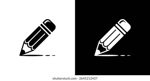 Esta imagem mostra um lápis simples e estilizado desenhando uma linha, apresentado em preto sobre branco e branco sobre preto. Perfeito para projetos de design que exigem ícones minimalistas.