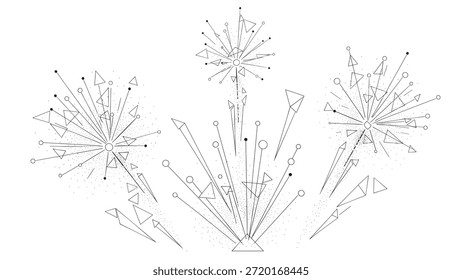 Dieses Bild zeigt ein elegantes abstraktes geometrisches Design mit miteinander verbundenen Linien und polygonalen Formen, die in einem konstellationsartigen Muster angeordnet sind und Symmetrie, moderne Ästhetik und digitale Elemente hervorheben